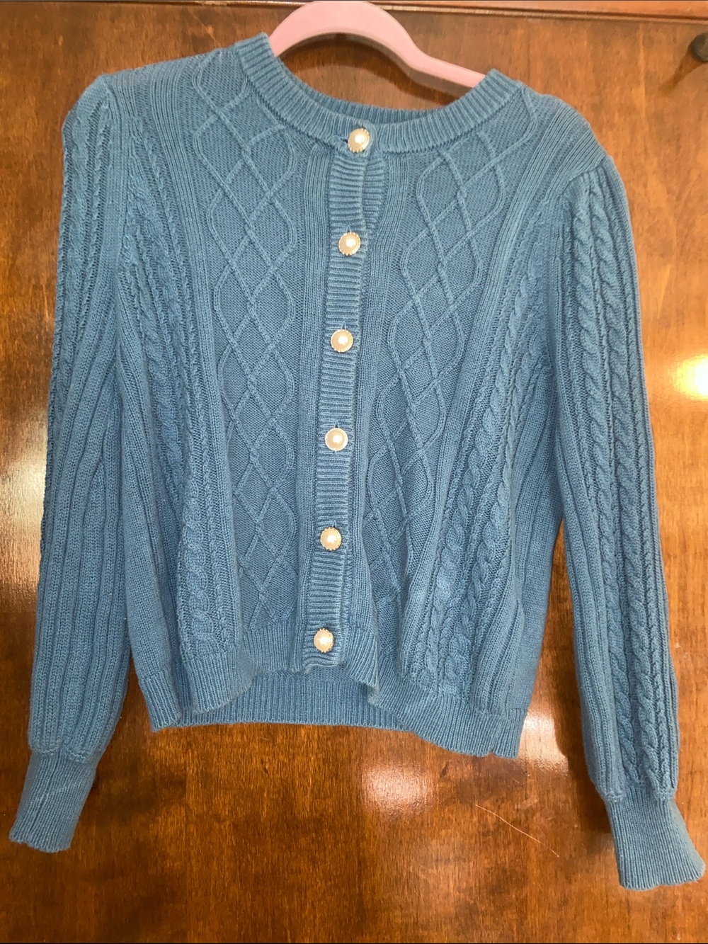 VILA Cable-Knit Blue Cardigan with Pearl Buttons